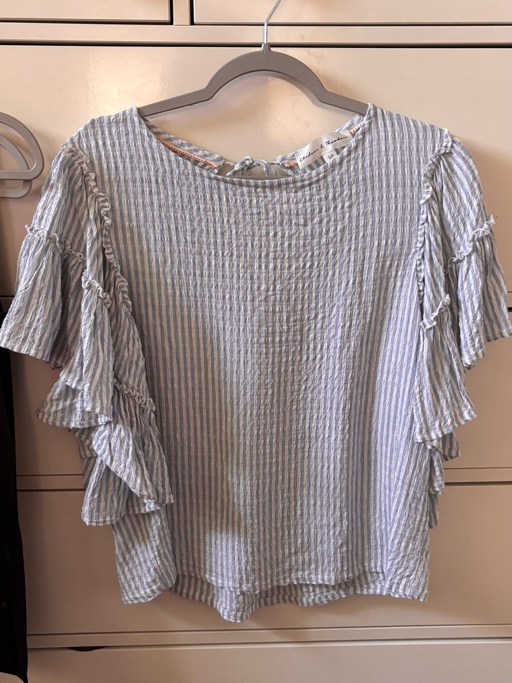 Light Blue Striped Ruffle Sleeve Top